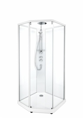 Porsgrund Showerama 10-5 Comfort pentagonal, hvite profiler og klart glass framparti/frostet glass bakparti 900x900			